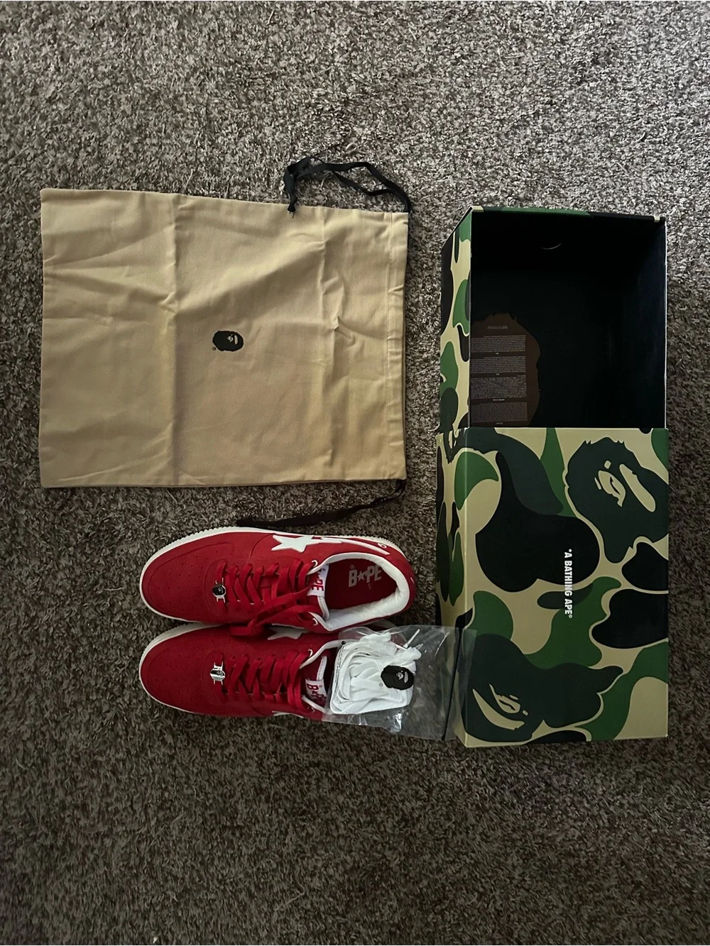 BAPE  Red Suede STA Low-Top Sneakers with White Star